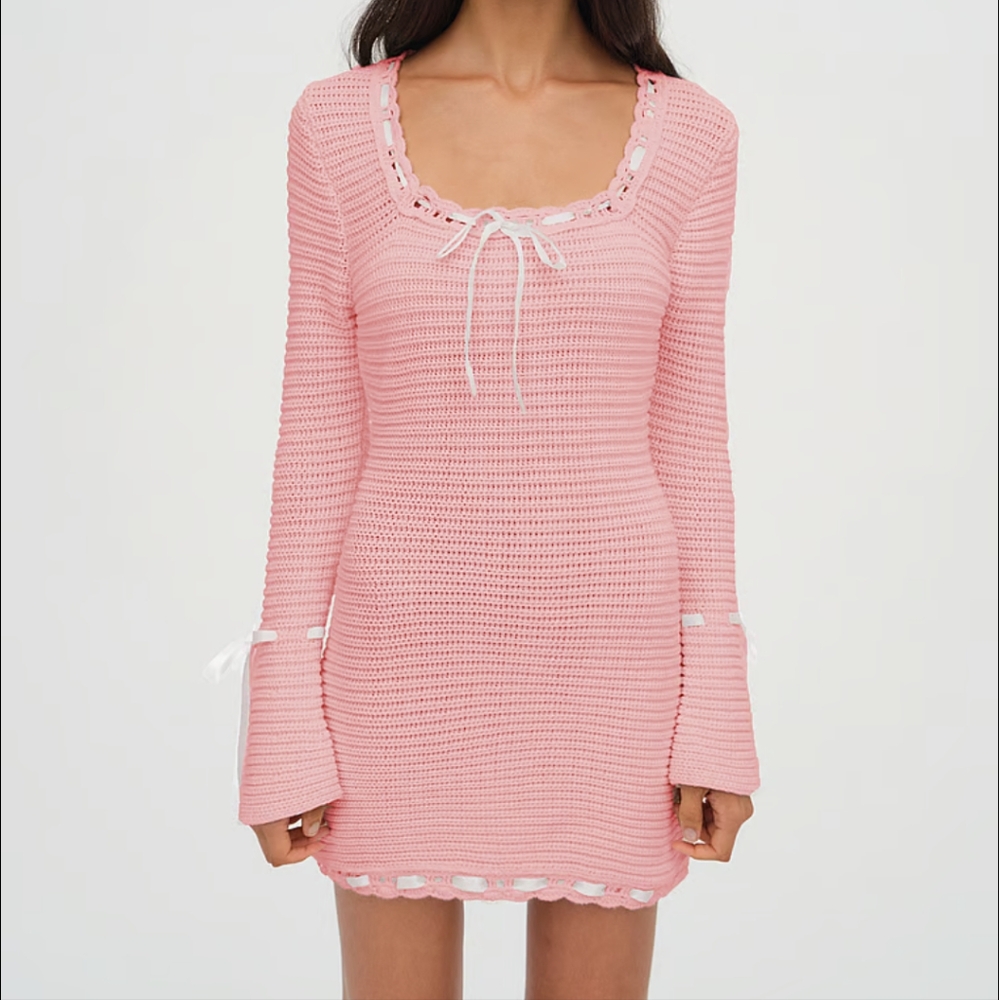 For love And Lemons Olina Pink Knit Sweater with Bow Detail Dress